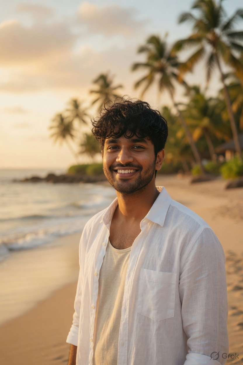 Harnur smiling on a beach