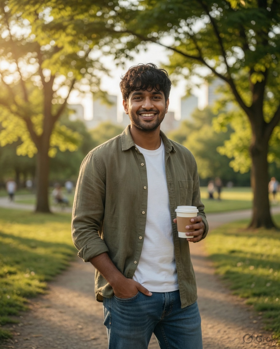 Harnur smiling in a park with coffee