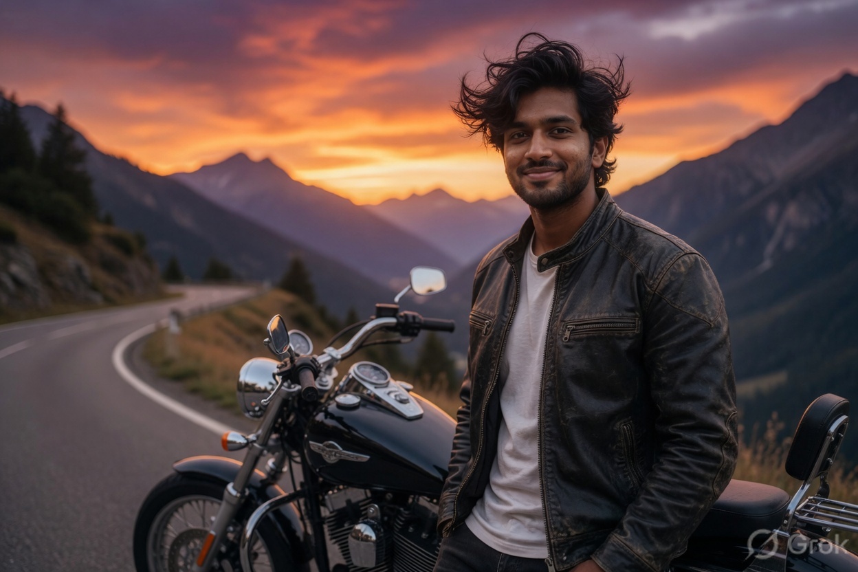 Harnur by a motorcycle on a mountain road at sunset