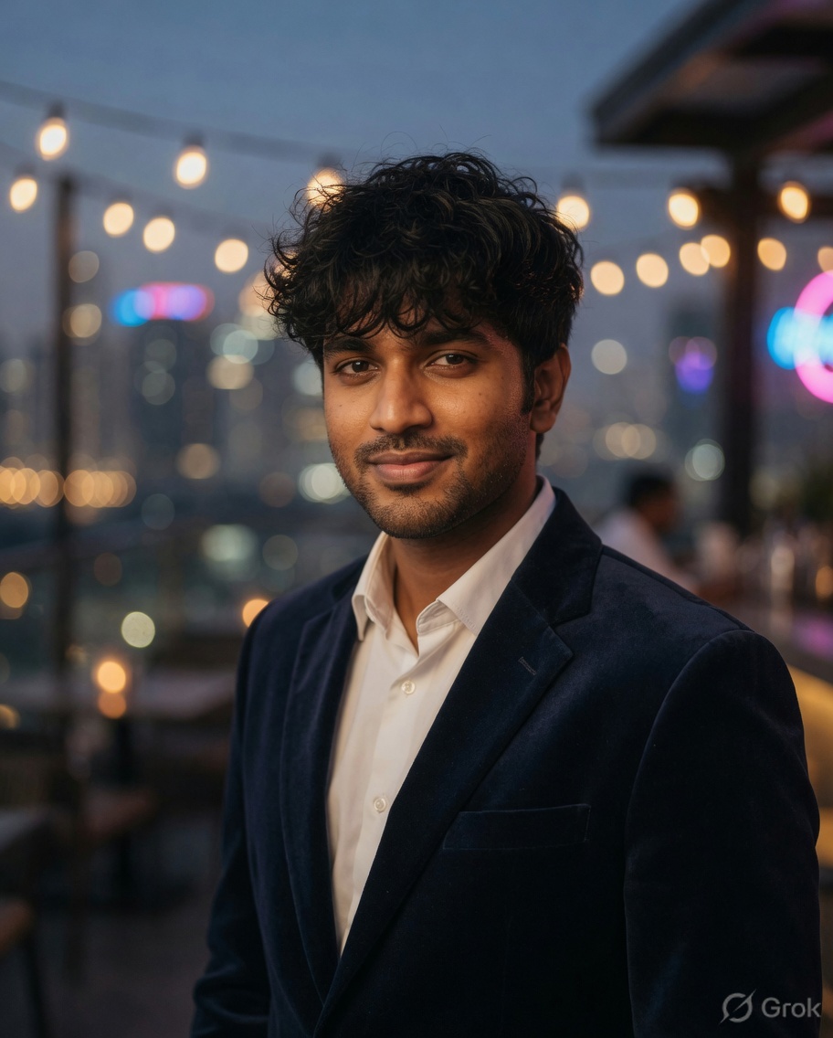 Harnur in a suit at a rooftop restaurant