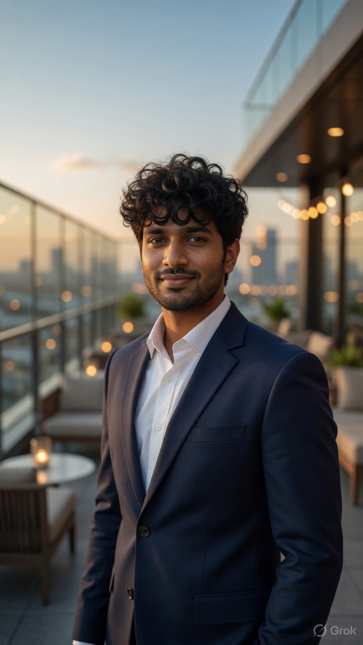 Harnur in a navy suit on a rooftop